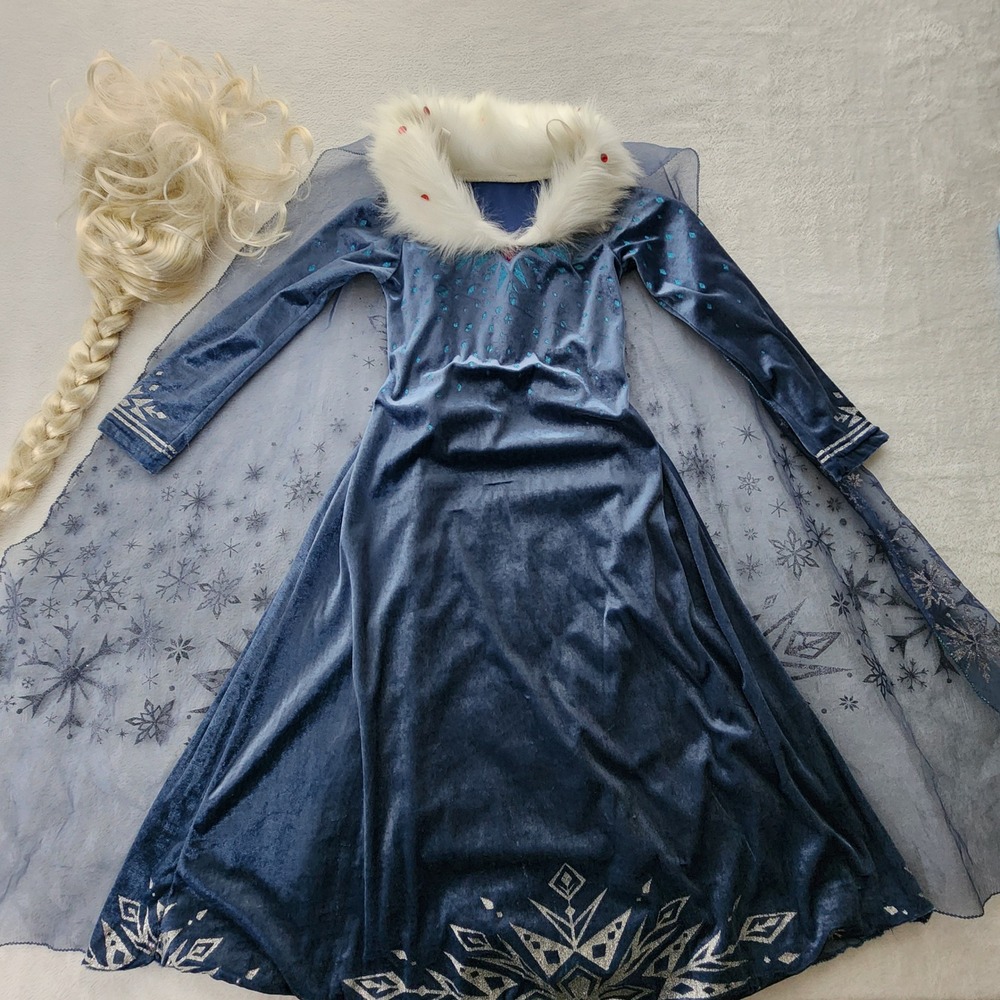 Disney Elsa Frozen 2 Costume + Wig Girls 7-8 years Blue Velvet Halloween Dress